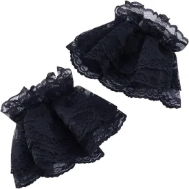 GORGECRAFT 2 Pairs Lolita Lace Cuffs Black Steampunk Wrist Cuff Prom Fingerless Bridal Gloves False Hand Sleeves Ruffled Gothic Costume Accessory for Women Ladies Party Wedding Dress Driving