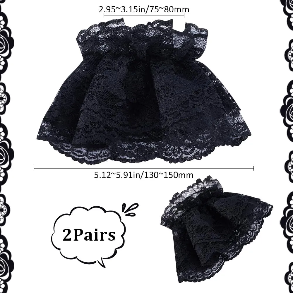 GORGECRAFT 2 Pairs Lolita Lace Cuffs Black Steampunk Wrist Cuff Prom Fingerless Bridal Gloves False Hand Sleeves Ruffled Gothic Costume Accessory for Women Ladies Party Wedding Dress Driving