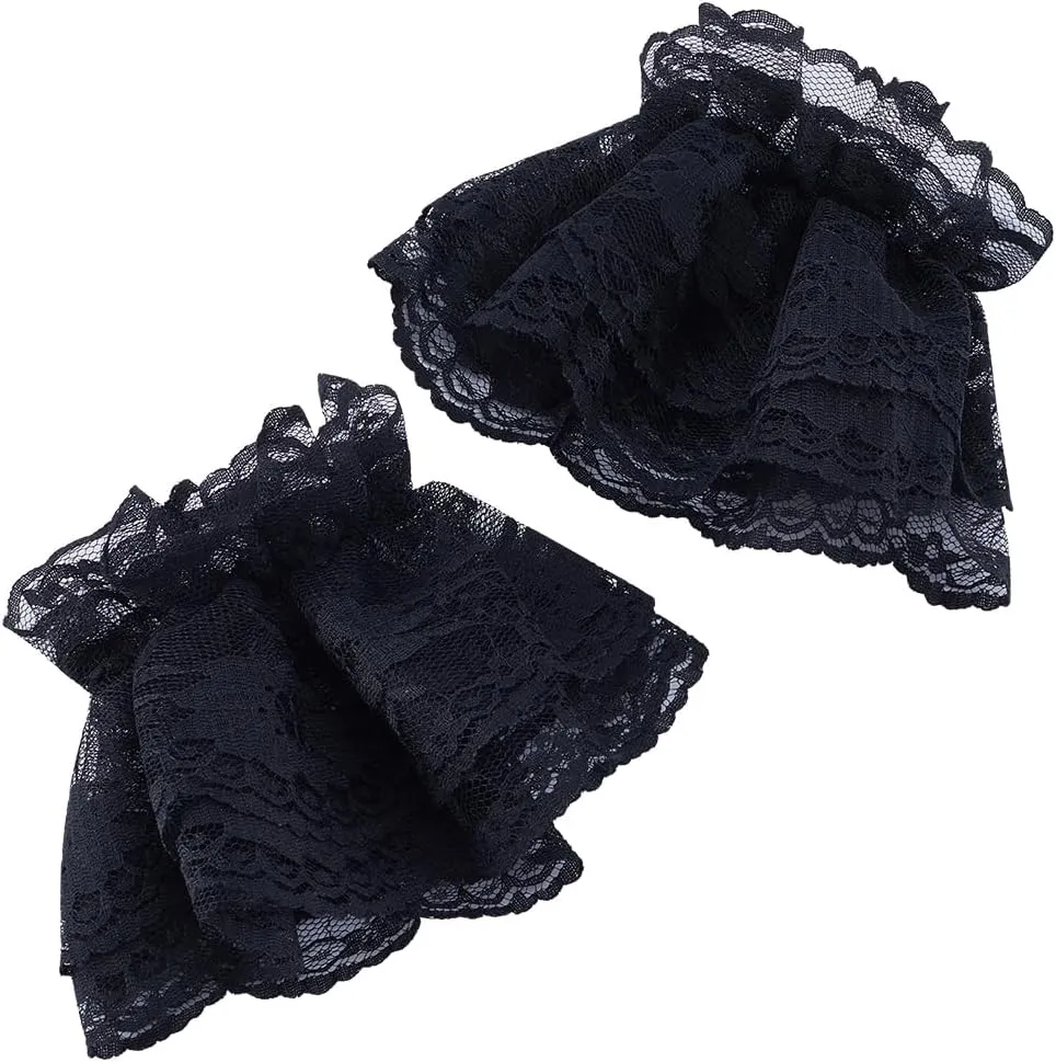 GORGECRAFT 2 Pairs Lolita Lace Cuffs Black Steampunk Wrist Cuff Prom Fingerless Bridal Gloves False Hand Sleeves Ruffled Gothic Costume Accessory for Women Ladies Party Wedding Dress Driving