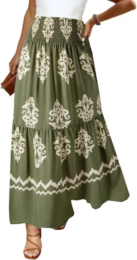 Happy Sailed Womens Retro Print Boho Maxi Skirt Elastic High Waist A-Line Pleated Flowy Long Skirts Beach Vacation Outfits