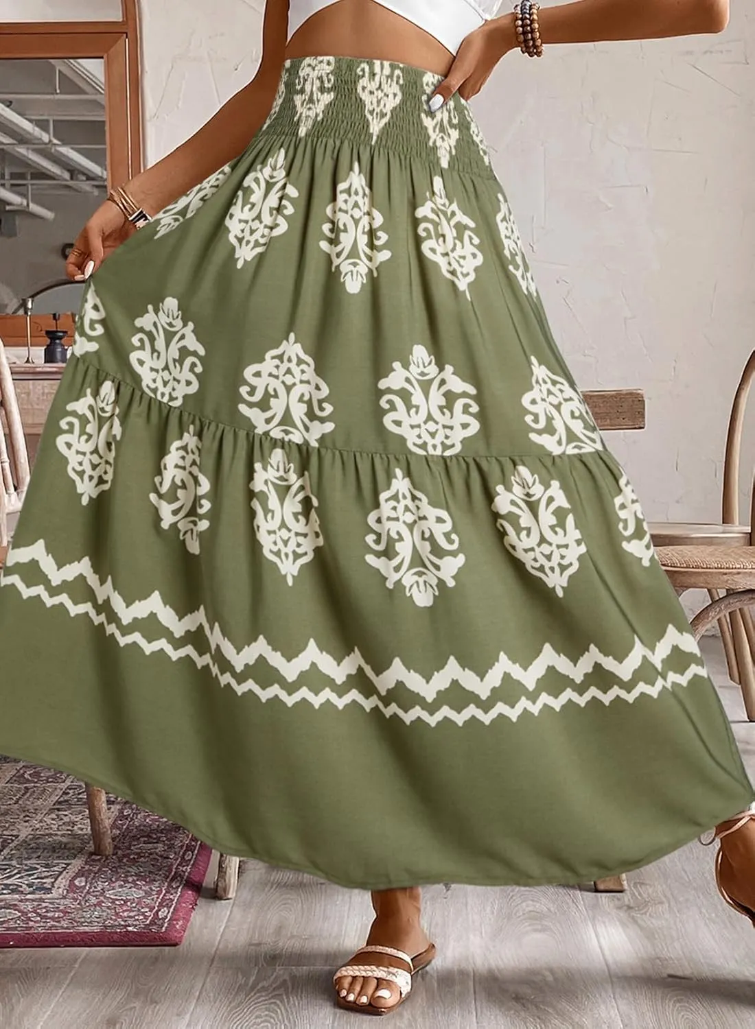 Happy Sailed Womens Retro Print Boho Maxi Skirt Elastic High Waist A-Line Pleated Flowy Long Skirts Beach Vacation Outfits