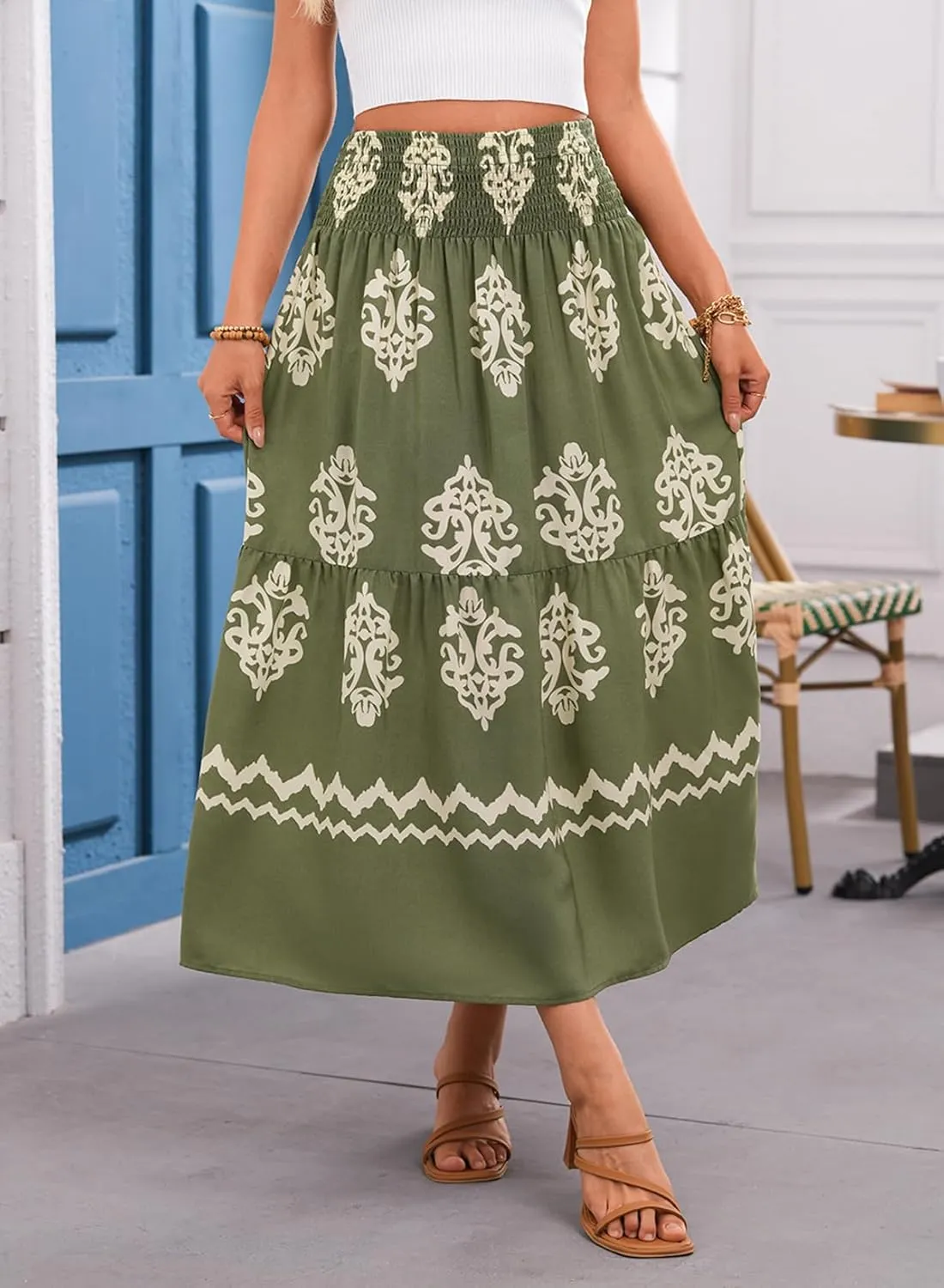 Happy Sailed Womens Retro Print Boho Maxi Skirt Elastic High Waist A-Line Pleated Flowy Long Skirts Beach Vacation Outfits