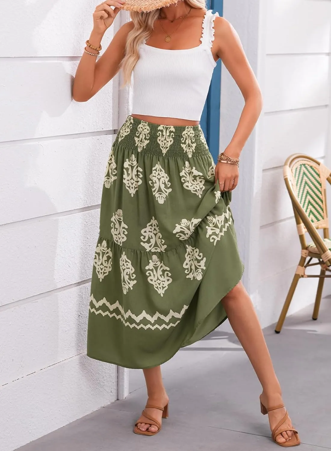 Happy Sailed Womens Retro Print Boho Maxi Skirt Elastic High Waist A-Line Pleated Flowy Long Skirts Beach Vacation Outfits