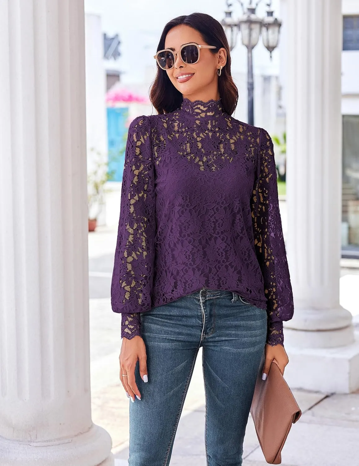 HOTOUCH Womens Lace Tops Sheer Long Sleeve Tops for Women Casual Dressy Blouse Shirt with Camisole 2 PCS Set
