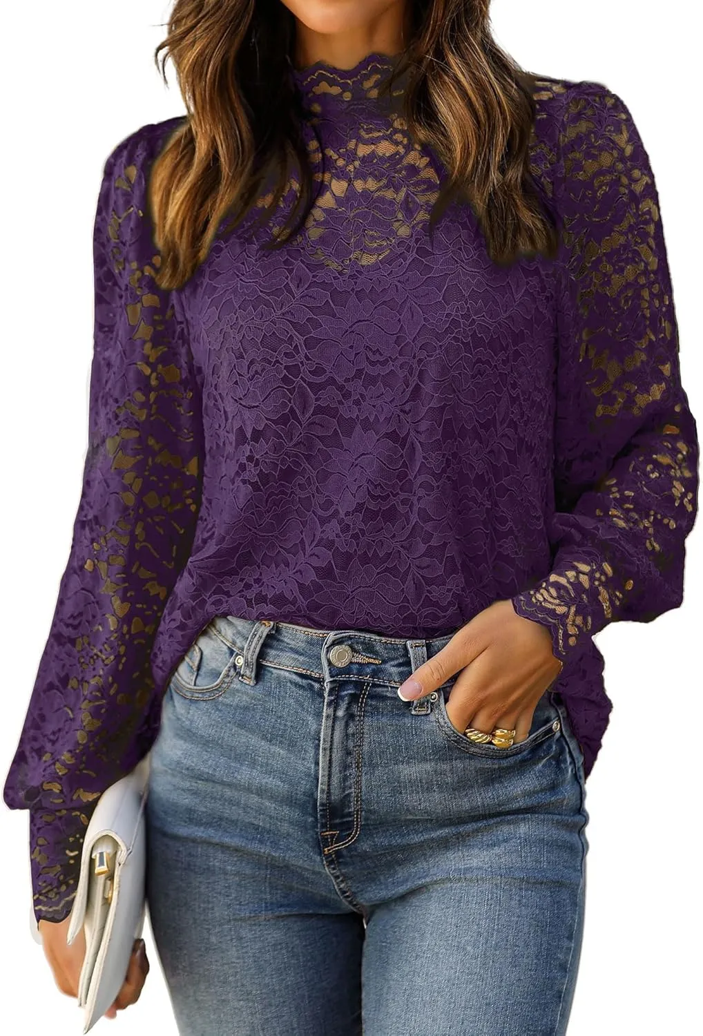 HOTOUCH Womens Lace Tops Sheer Long Sleeve Tops for Women Casual Dressy Blouse Shirt with Camisole 2 PCS Set