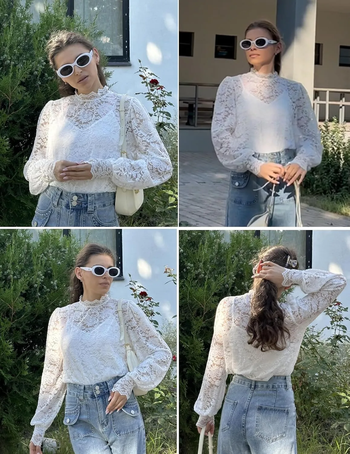 HOTOUCH Womens Lace Tops Sheer Long Sleeve Tops for Women Casual Dressy Blouse Shirt with Camisole 2 PCS Set