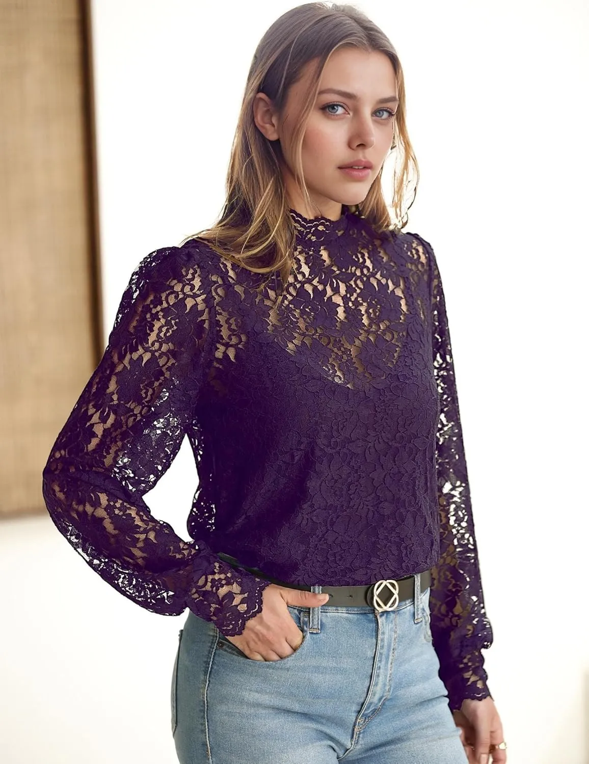 HOTOUCH Womens Lace Tops Sheer Long Sleeve Tops for Women Casual Dressy Blouse Shirt with Camisole 2 PCS Set