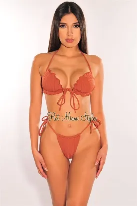 Latte Ribbed Padded Ruffle Tie Up Bikini Bottom