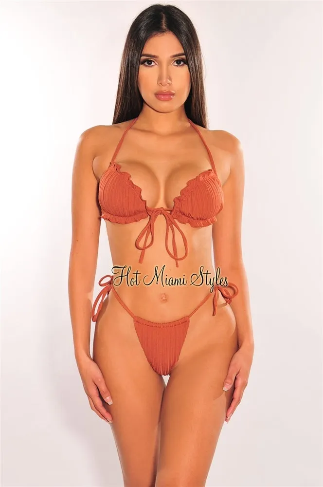 Latte Ribbed Padded Ruffle Tie Up Bikini Top