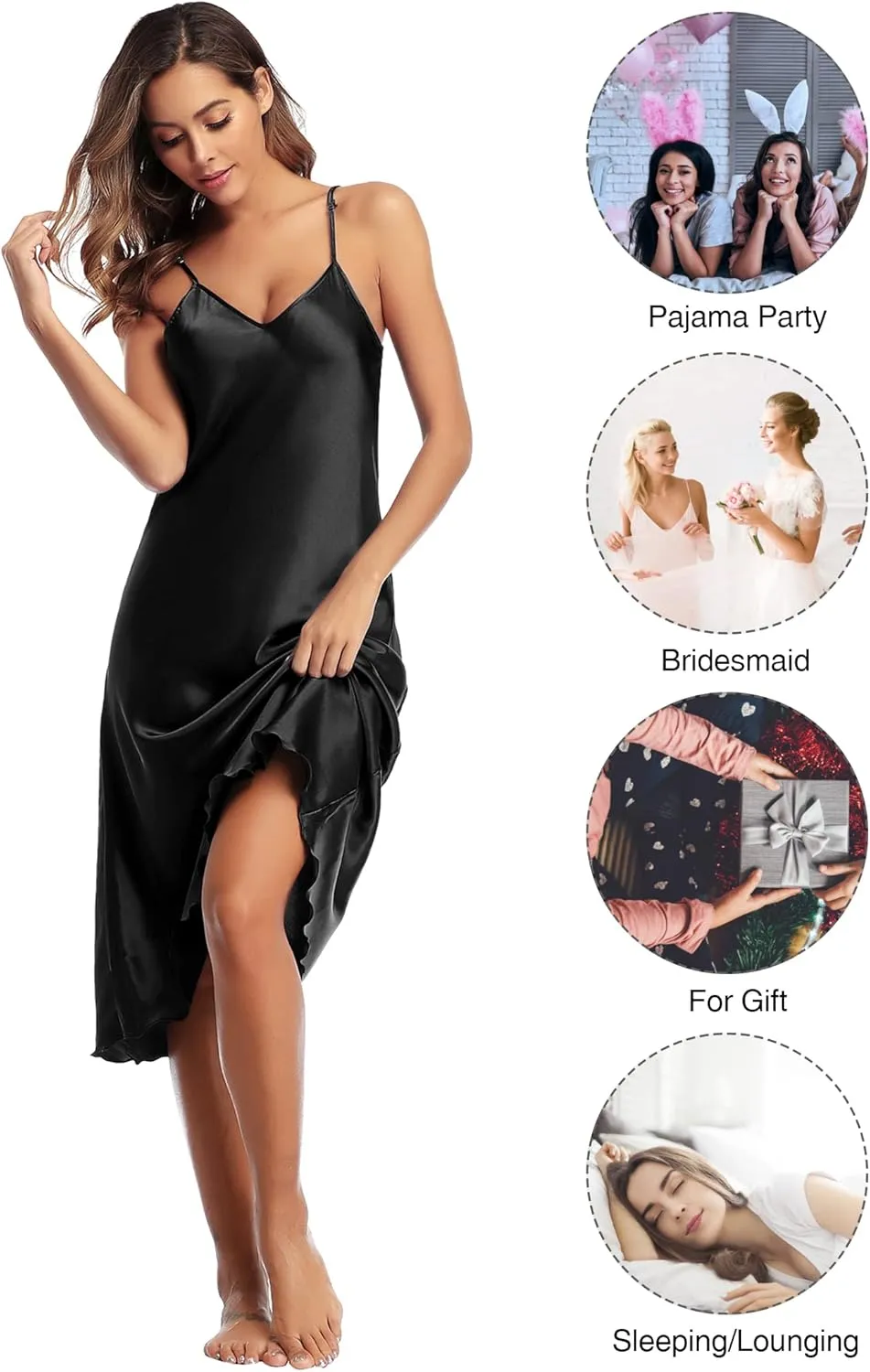 Litherday Silk Nightgown for Women Long Satin Slip Dress Nightdress Silky Chemise Nightie Soft V Neck Nightwear