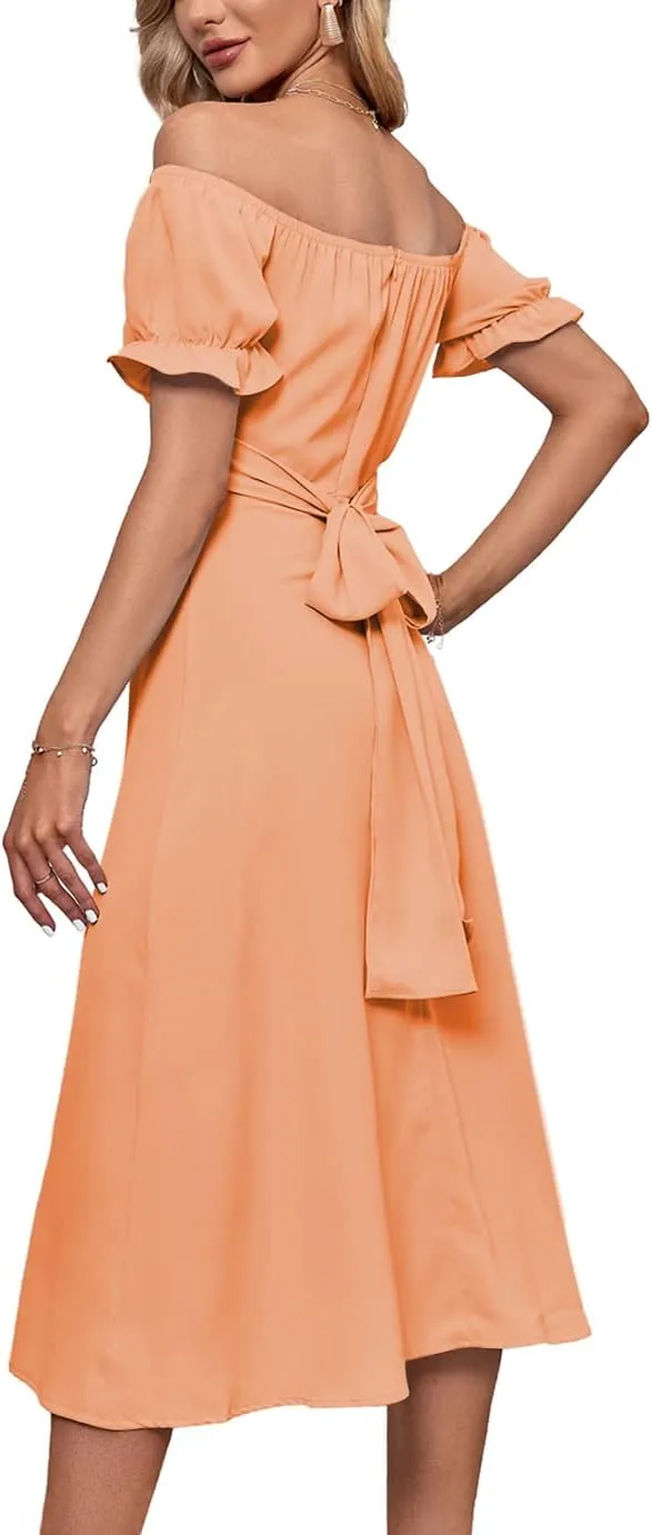LYANER Women's Off Shoulder Wrap Ruffle Puff Short Sleeve Ruched Tie Back Dress