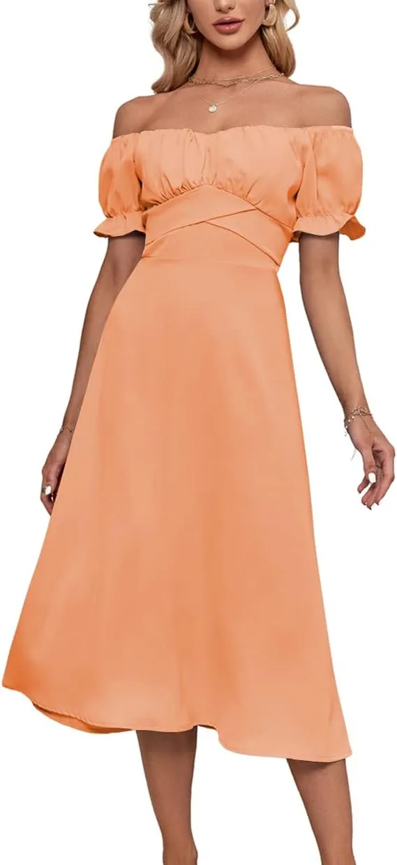 LYANER Women's Off Shoulder Wrap Ruffle Puff Short Sleeve Ruched Tie Back Dress