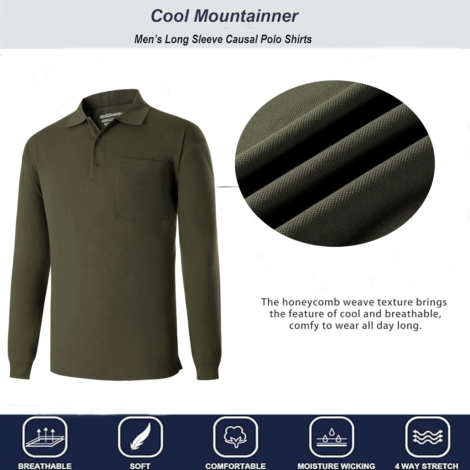 Men's Polo Shirts Long Sleeve Classic Quick Dry Moisture Wicking Tactical Golf Shirts for Men with Pocket Causal Athletic