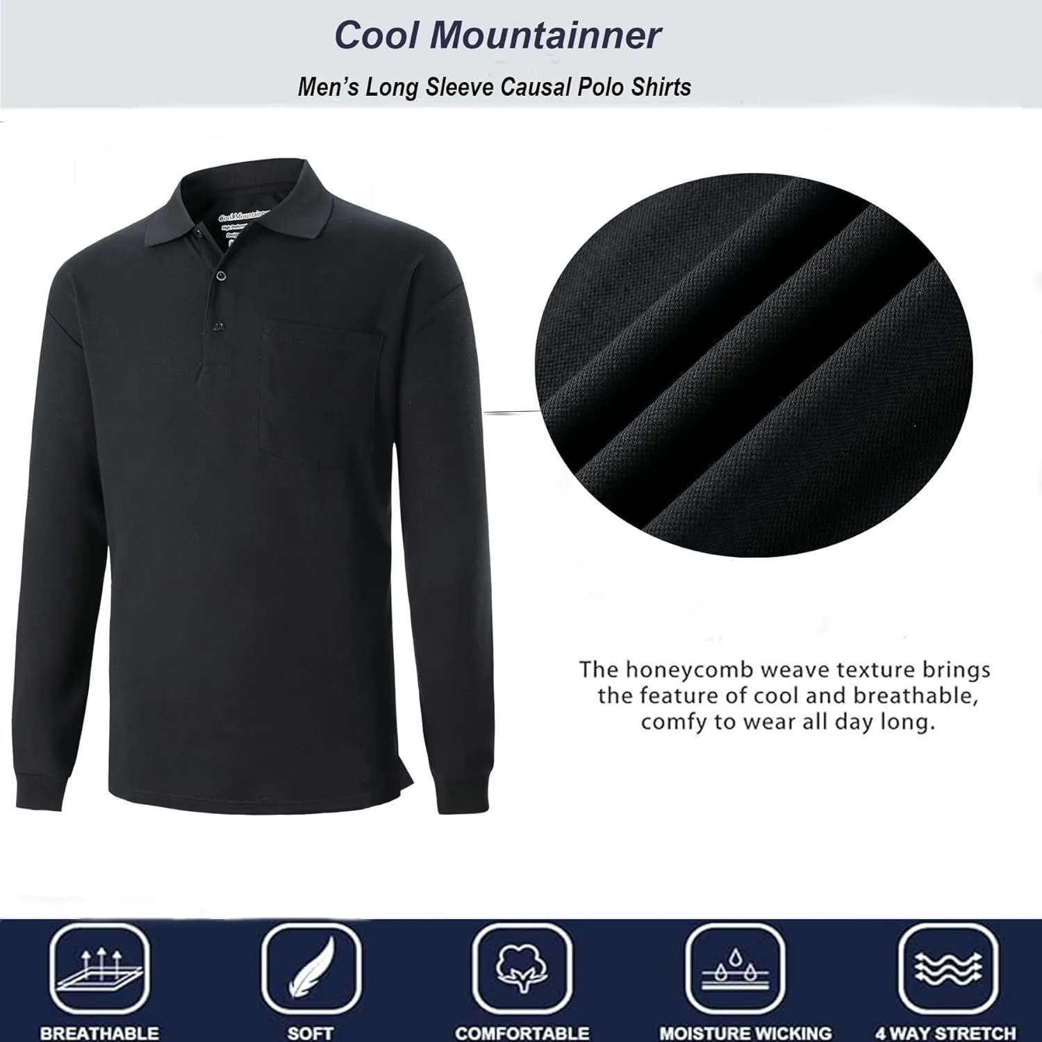 Men's Polo Shirts Long Sleeve Classic Quick Dry Moisture Wicking Tactical Golf Shirts for Men with Pocket Causal Athletic