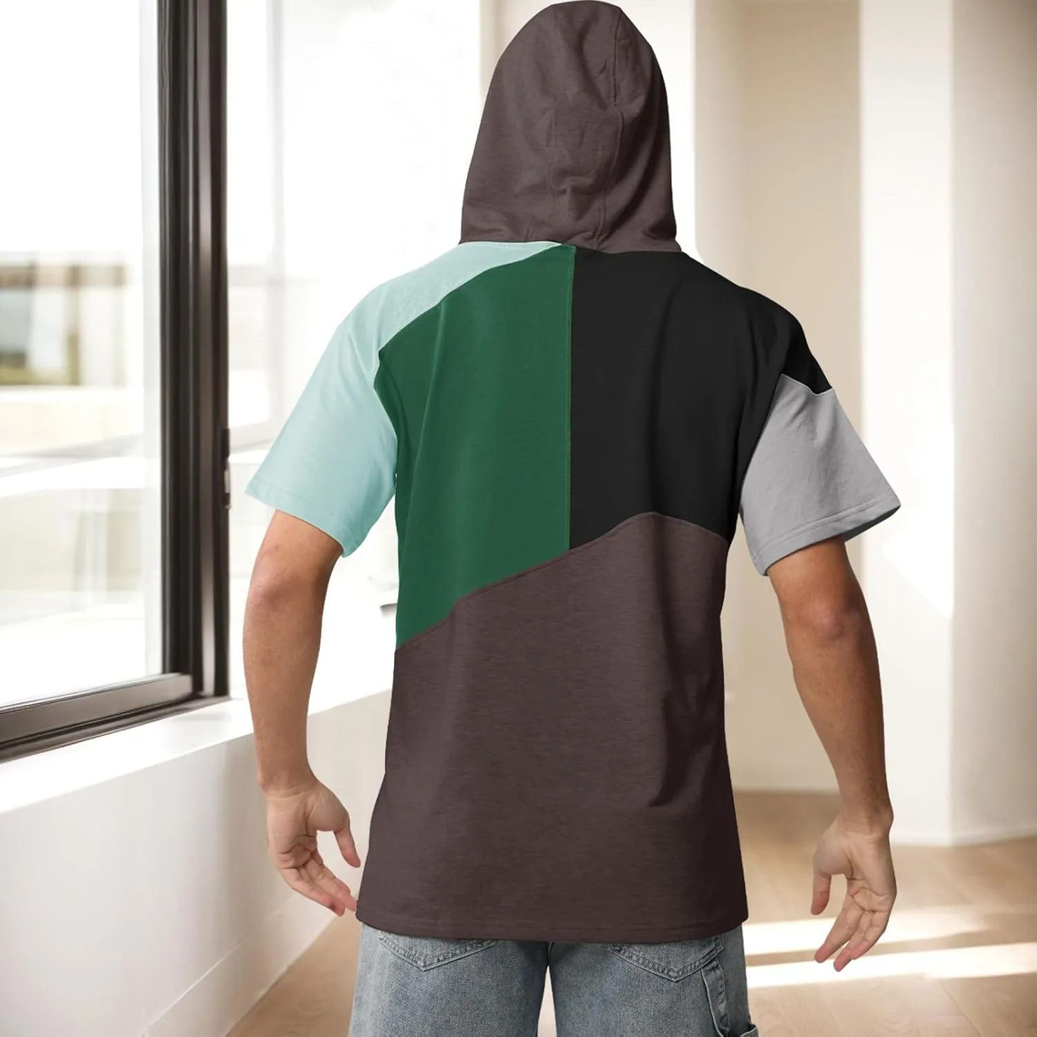 Mens Short Sleeve Hoodie Soft Cotton Color Block T-Shirt Sweatshirt Big Pocket Half Sleeve Summer Pullover