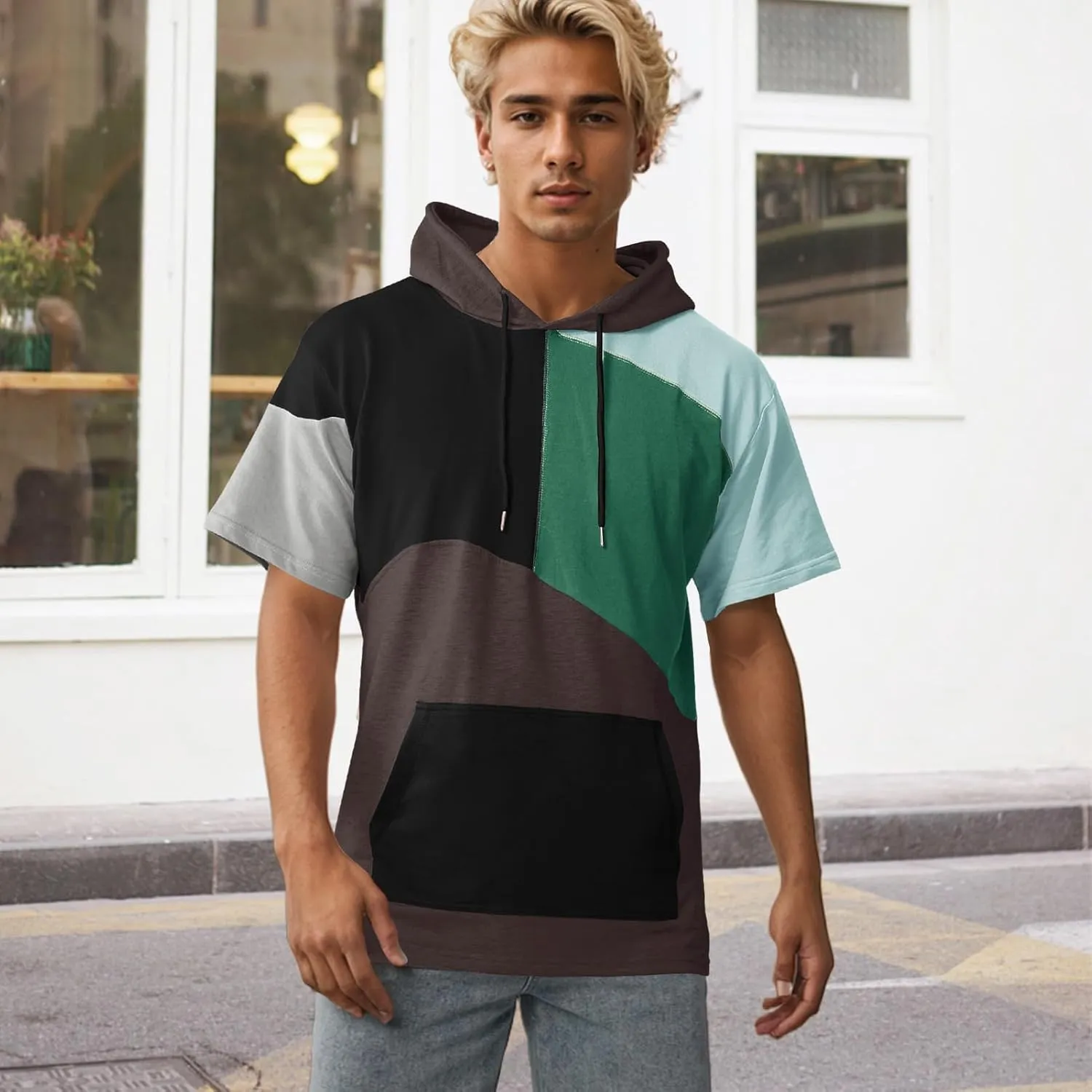 Mens Short Sleeve Hoodie Soft Cotton Color Block T-Shirt Sweatshirt Big Pocket Half Sleeve Summer Pullover