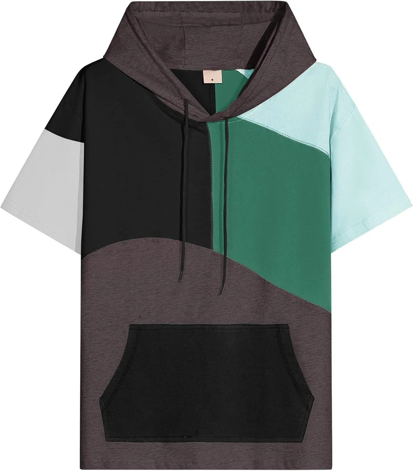 Mens Short Sleeve Hoodie Soft Cotton Color Block T-Shirt Sweatshirt Big Pocket Half Sleeve Summer Pullover