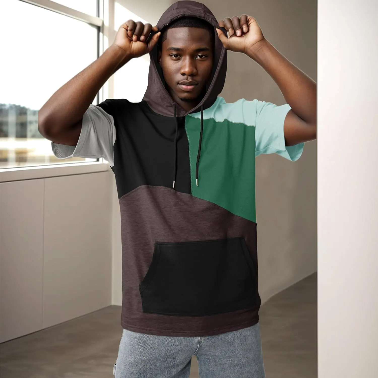 Mens Short Sleeve Hoodie Soft Cotton Color Block T-Shirt Sweatshirt Big Pocket Half Sleeve Summer Pullover