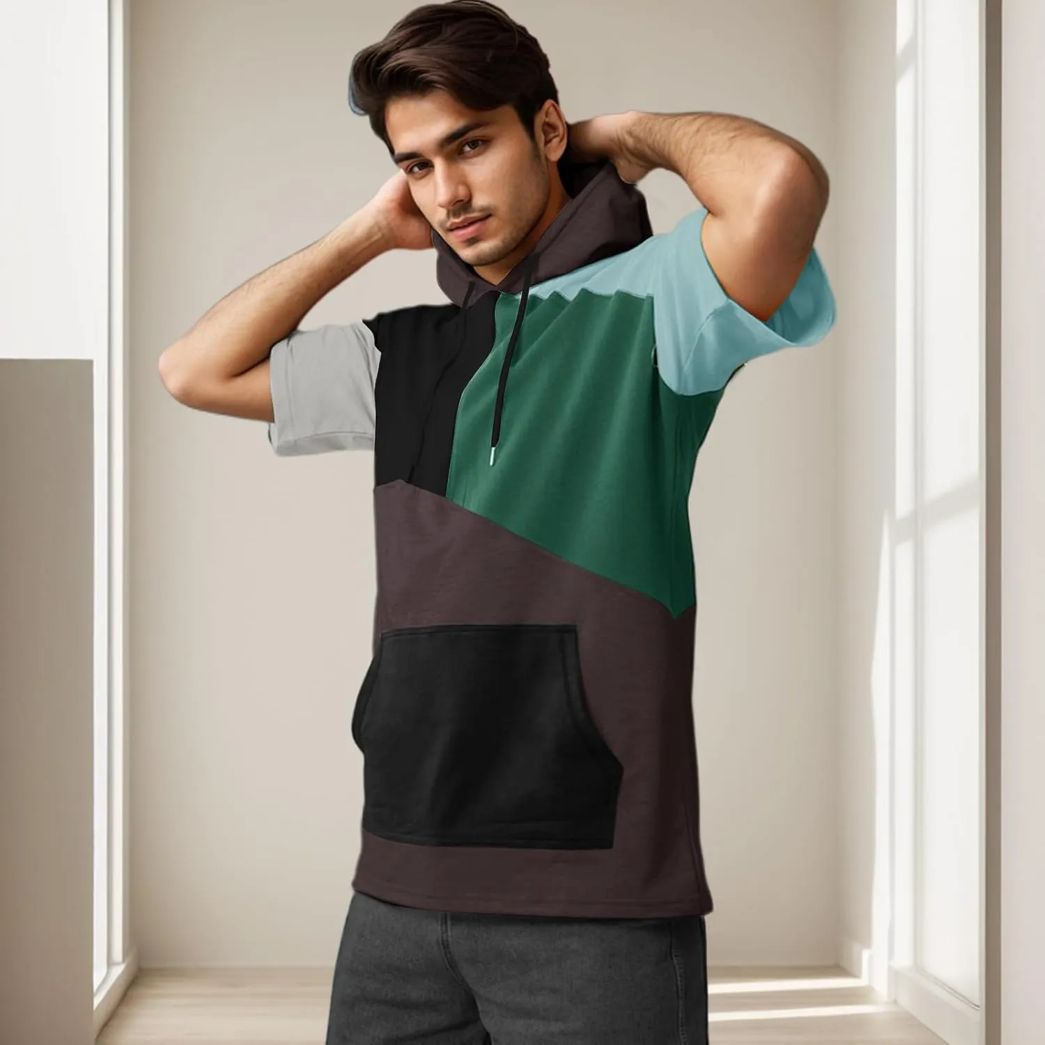 Mens Short Sleeve Hoodie Soft Cotton Color Block T-Shirt Sweatshirt Big Pocket Half Sleeve Summer Pullover