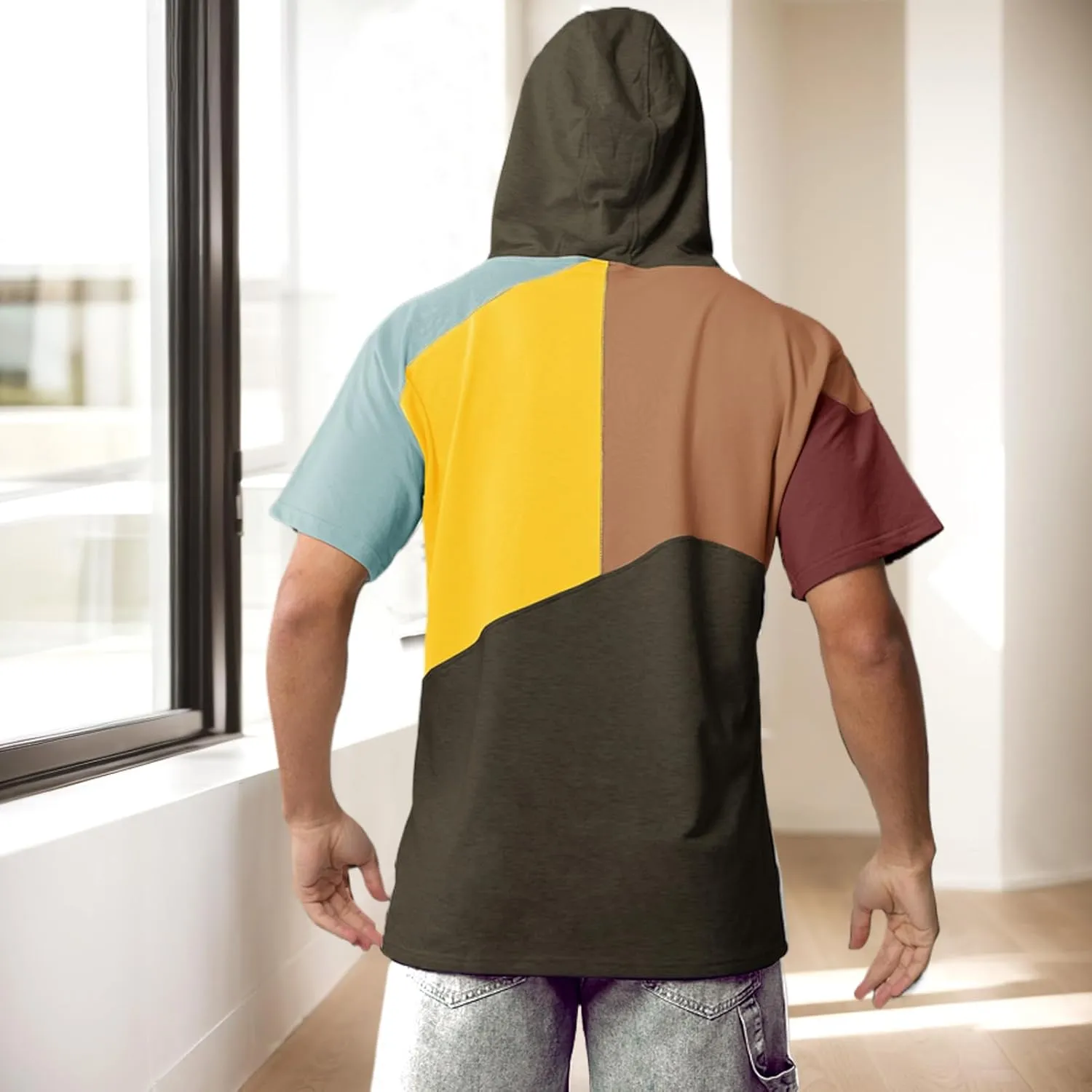Mens Short Sleeve Hoodie Soft Cotton Color Block T-Shirt Sweatshirt Big Pocket Half Sleeve Summer Pullover