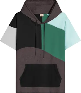 Mens Short Sleeve Hoodie Soft Cotton Color Block T-Shirt Sweatshirt Big Pocket Half Sleeve Summer Pullover