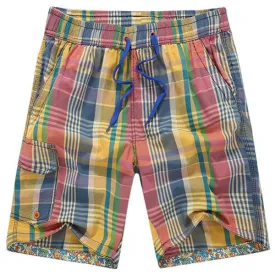 Mens Summer Quick Drying Multicolor Plaid Elastic Waist Drawstring Cotton Blend Casual Shorts