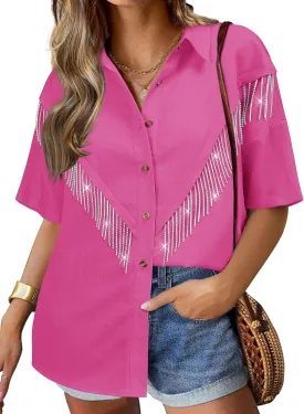 Nlife Womens Nashville Sparkly Rhinestone Fringe Buttons Shacket Concert Outfits Short Sleeves Spakle Tassel Shirts