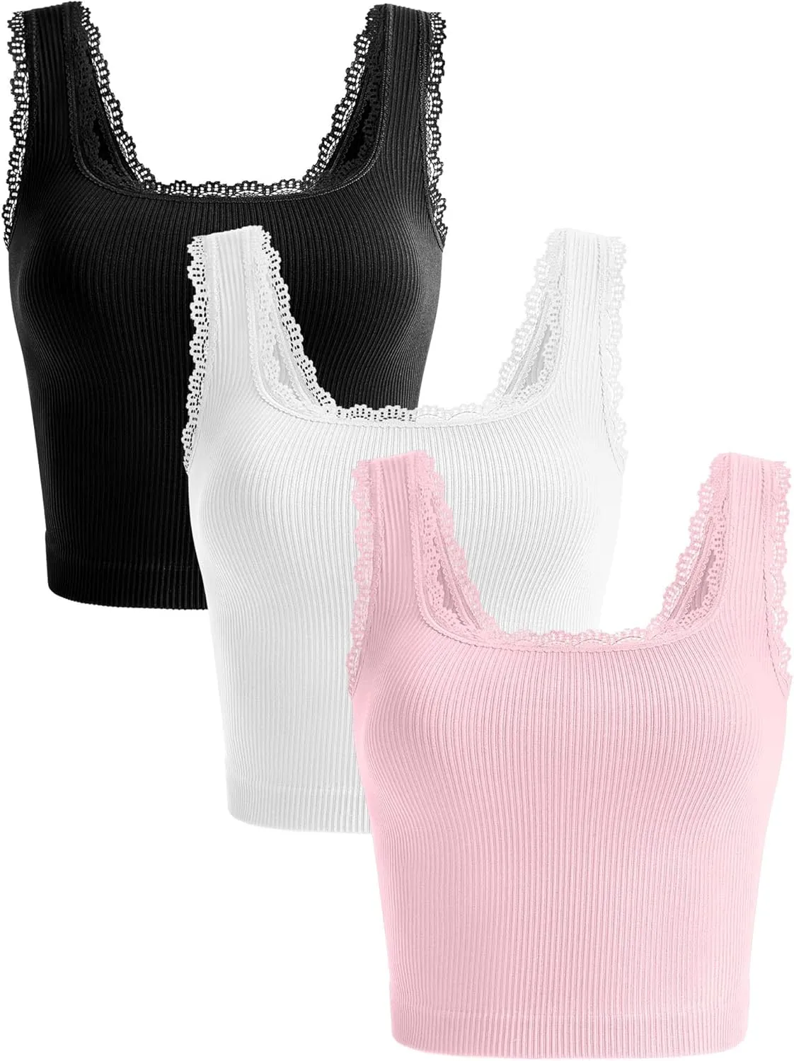 OLCHEE Womens 3 Pack Crop Tank Tops Basic Seamless Ribbed Sleeveless Square Neck Workout Top Summer Exercise Yoga Gym Shirts