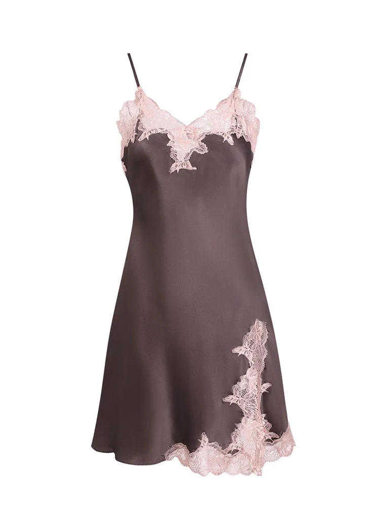 Pure Silk Lace Trim Split Nightgown Slip Nightdress