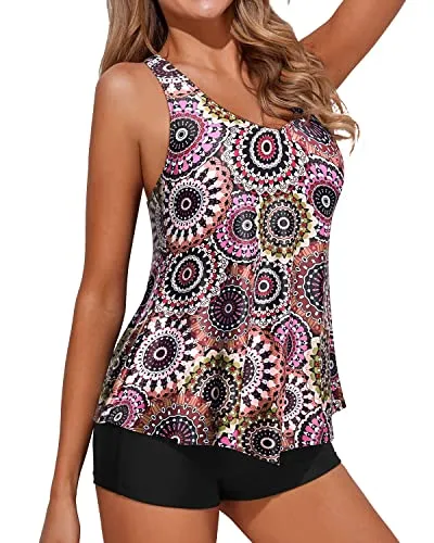 Ruched And Flowy Tankini Bathing Suits Top With Shorts For Women-Brown Print