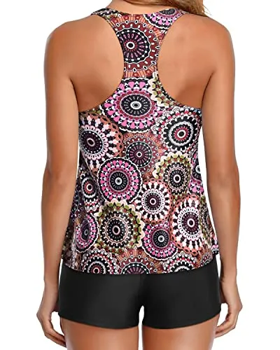 Ruched And Flowy Tankini Bathing Suits Top With Shorts For Women-Brown Print
