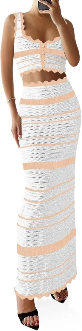 Saodimallsu Womens 2 Piece Sets Summer Striped Crochet Knit Coverup Sleeveless Button Crop Tank Top Bodycon Maxi Skirt