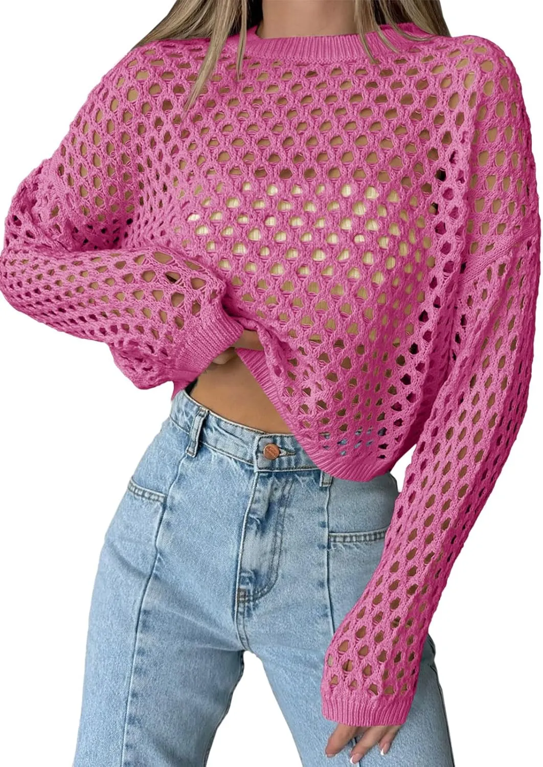 Saodimallsu Womens Crochet Crop Tops Summer Long Sleeve Mesh Knit Beach Cover Up Hollow Out Crewneck Pullover Sweaters