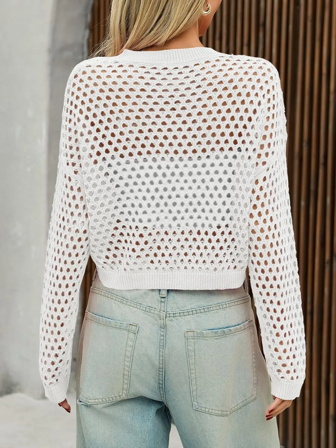 Saodimallsu Womens Crochet Crop Tops Summer Long Sleeve Mesh Knit Beach Cover Up Hollow Out Crewneck Pullover Sweaters