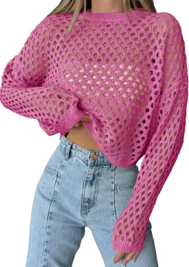 Saodimallsu Womens Crochet Crop Tops Summer Long Sleeve Mesh Knit Beach Cover Up Hollow Out Crewneck Pullover Sweaters