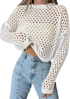Saodimallsu Womens Crochet Crop Tops Summer Long Sleeve Mesh Knit Beach Cover Up Hollow Out Crewneck Pullover Sweaters