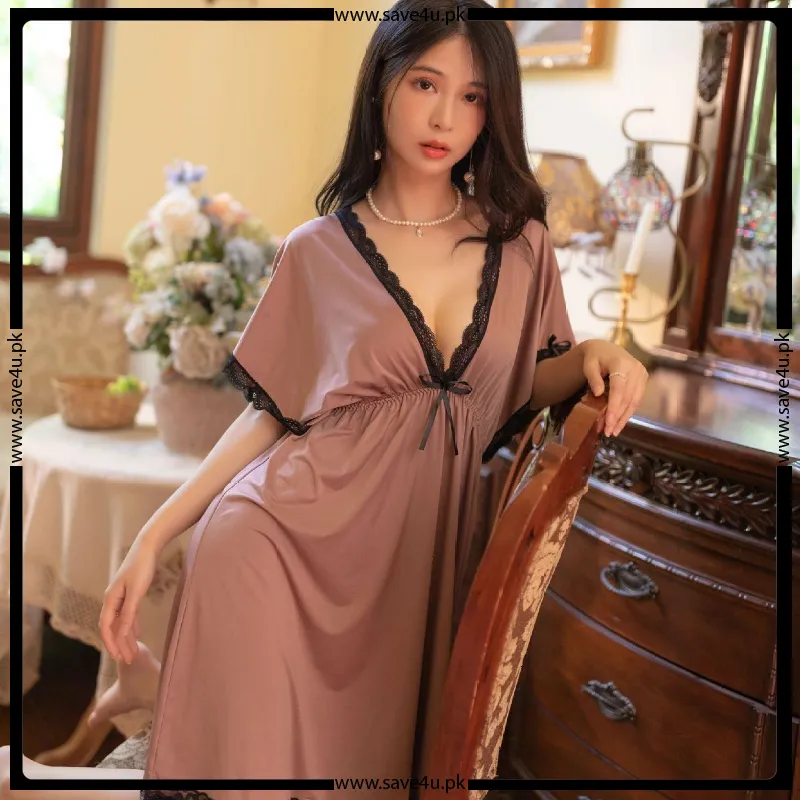 Satin Silky Lace Trim Wide Shoulder Nighty