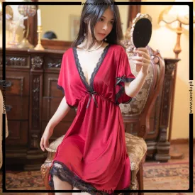 Satin Silky Lace Trim Wide Shoulder Nighty
