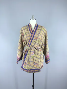 Silk Kimono Cardigan / Vintage Indian Sari / Tan Purple Embroidered