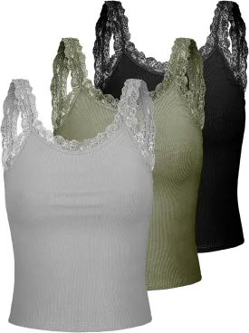 Sintege 3 Pcs Women's Lace Patchwork Tank Top Lace Camisole Tank Sleeveless Cami Crop Lacework Trim Y2k Tops
