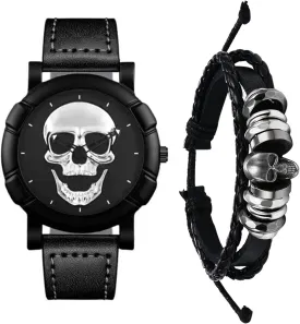 Skull Leather Watch Bracelet: Mens Black Steampunk Goth Women Gothic Punk Rock Cuff Wrist Watch