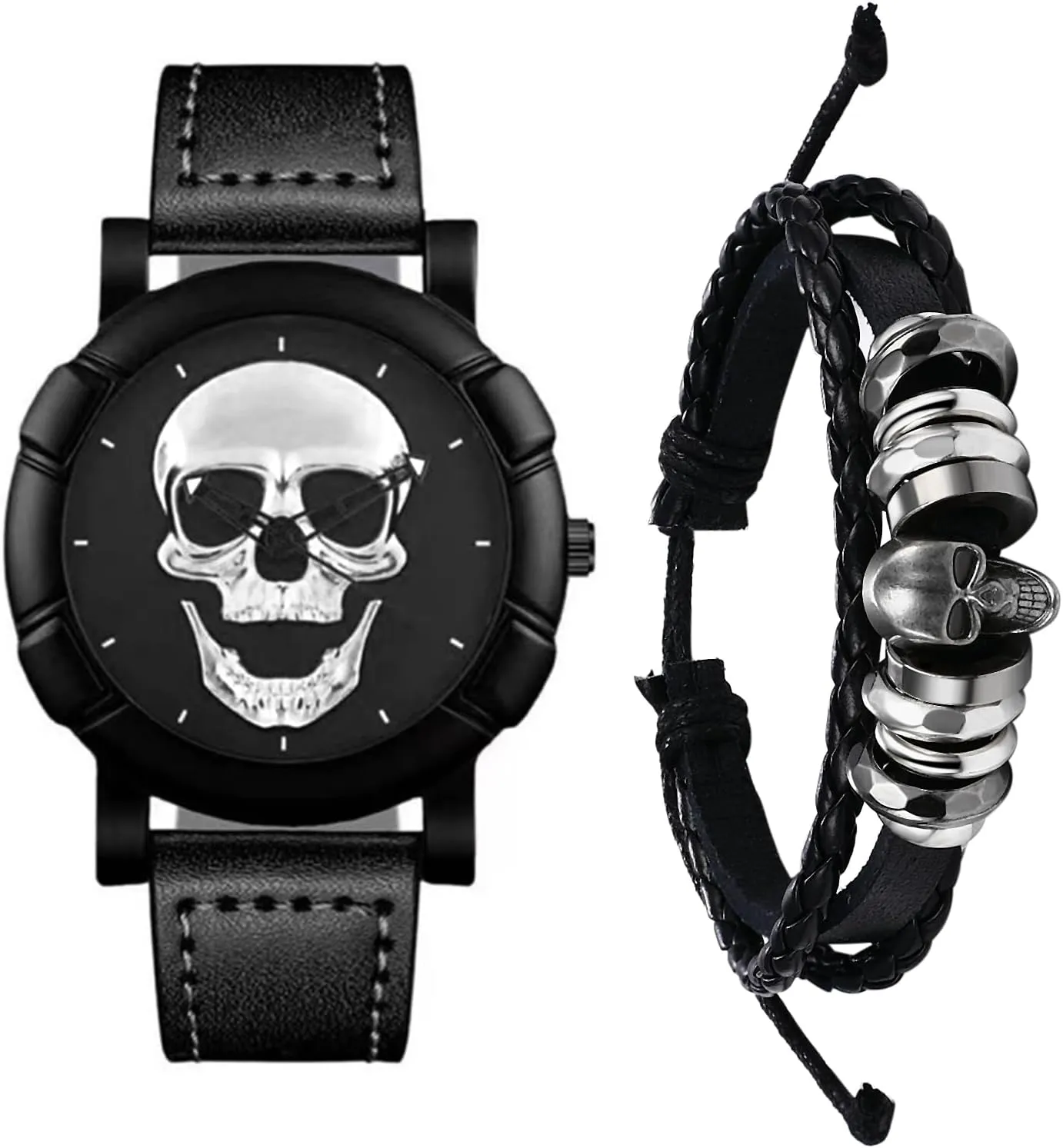 Skull Leather Watch Bracelet: Mens Black Steampunk Goth Women Gothic Punk Rock Cuff Wrist Watch