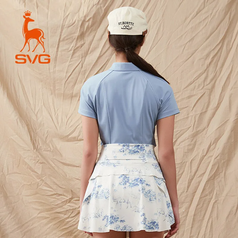 SVG Golf Women's Haze Blue Stripe Print Short Sleeve Polo Shirt