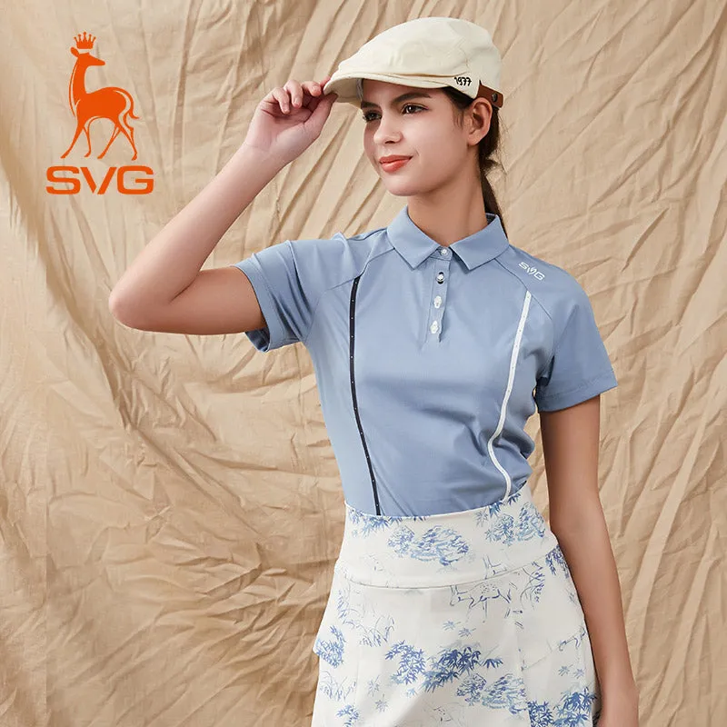 SVG Golf Women's Haze Blue Stripe Print Short Sleeve Polo Shirt