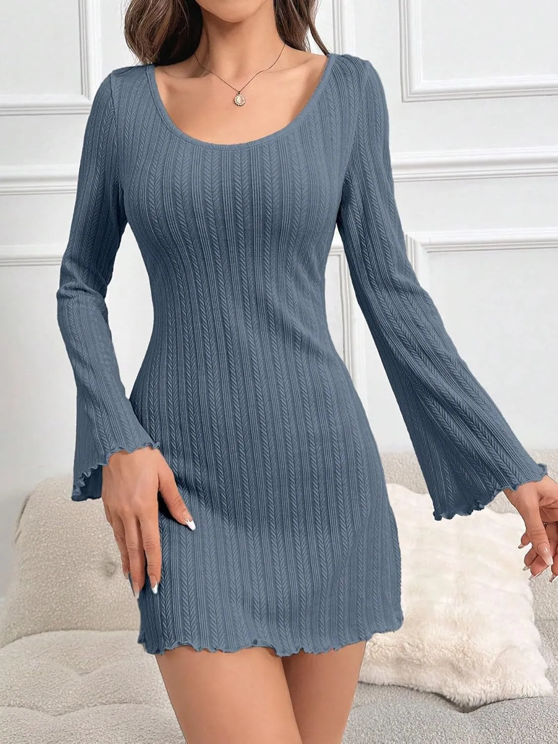 SweatyRocks Women's Long Sleeve Scoop Neck Lettuce Trim Ribbed Knitted Mini Lounge Dresses Nightgowns
