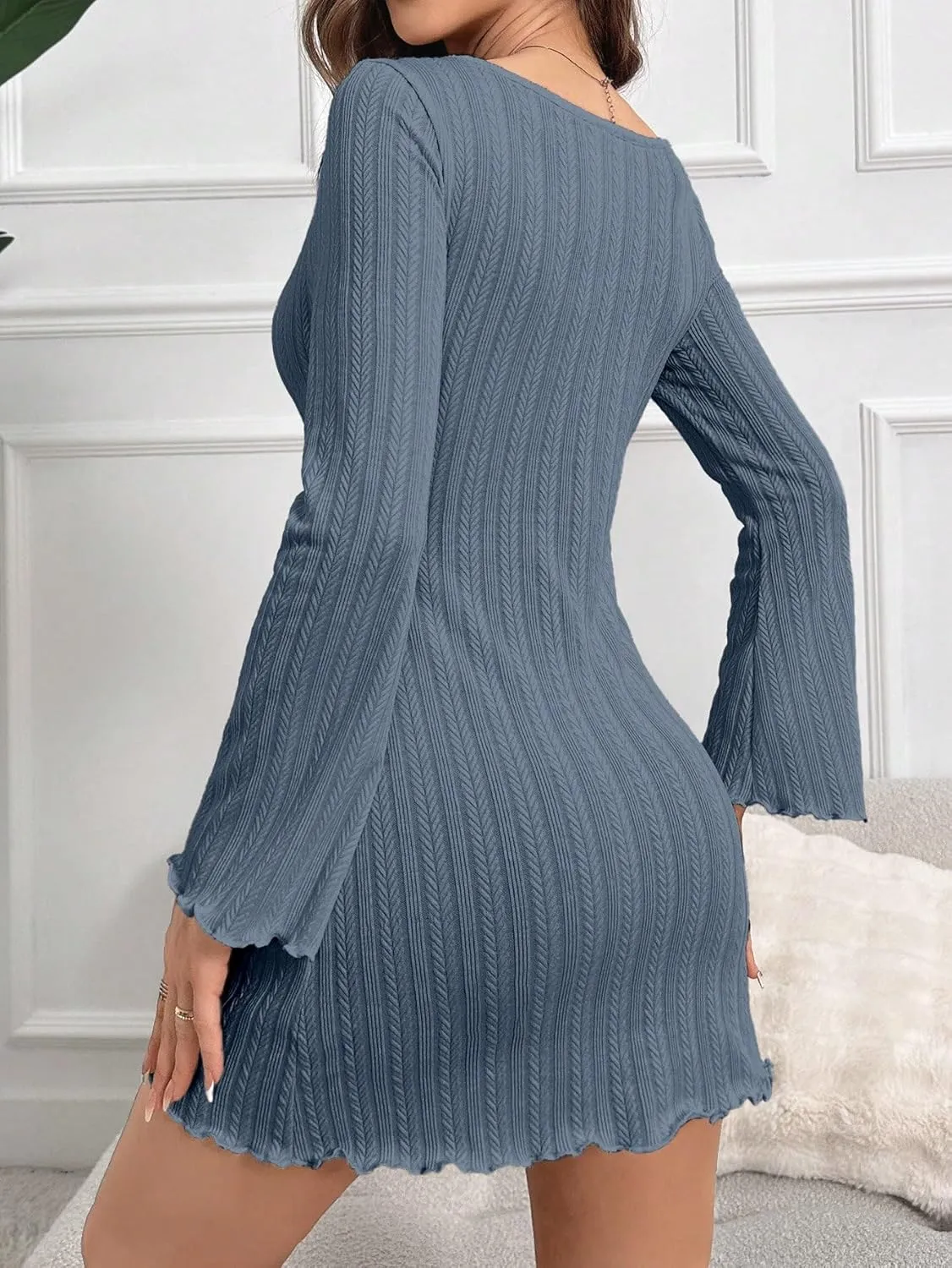 SweatyRocks Women's Long Sleeve Scoop Neck Lettuce Trim Ribbed Knitted Mini Lounge Dresses Nightgowns