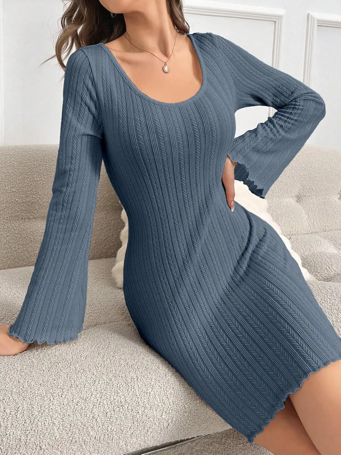 SweatyRocks Women's Long Sleeve Scoop Neck Lettuce Trim Ribbed Knitted Mini Lounge Dresses Nightgowns