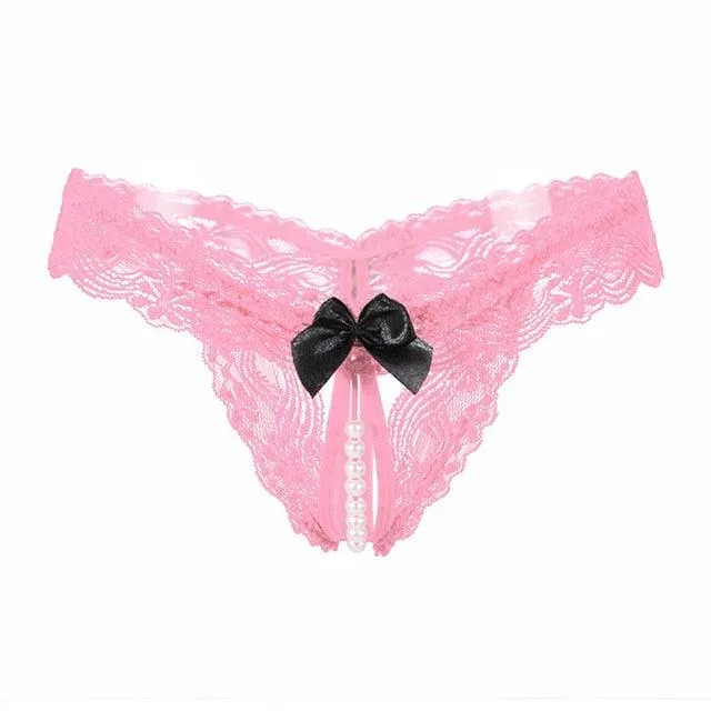 T-BOO Women Thongs And G Strings With Pearls Tangas Women Sexy Panties Sexy Underwear Lace Bow Briefs Erotic Transparent Panties