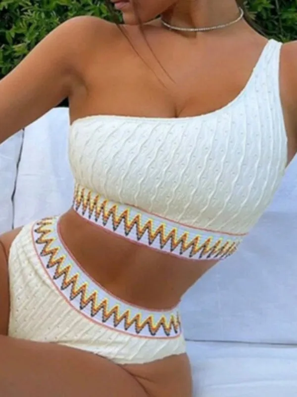Textured 2-Piece Swimwear - One-Shoulder Tankini & High-Waisted Bikini