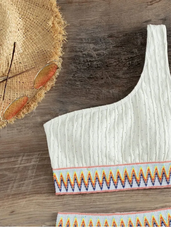 Textured 2-Piece Swimwear - One-Shoulder Tankini & High-Waisted Bikini